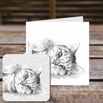 Coaster greetings card, Purdy, Tabby Cat, 100% Recycled greetings card with quality gloss drinks coaster.
