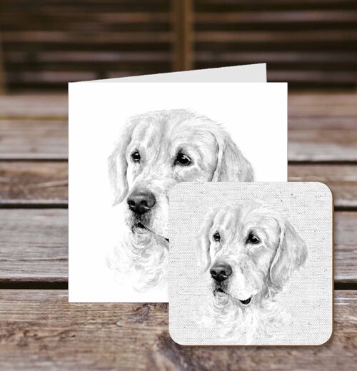 Coaster greetings card, Roxy, Golden Retriever, 100% Recycled greetings card with quality gloss drinks coaster.