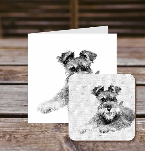 Coaster greetings card, Sidney, Schnauzer, 100% Recycled greetings card with quality gloss drinks coaster.