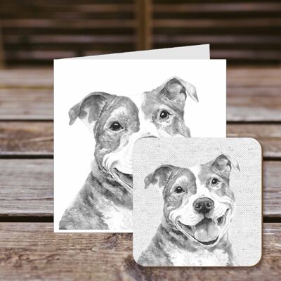 Tarjeta de felicitación de posavasos, Staffy, Stafordshire Terrier, tarjeta de felicitación 100% reciclada con posavasos de calidad brillante para bebidas.