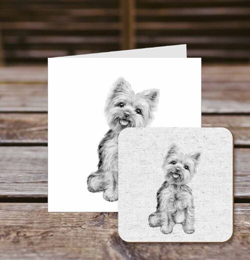 Coaster greetings card, Yorkie, Yorkshire Terrier, 100% Recycled greetings card with quality gloss drinks coaster.