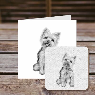 Coaster greetings card, Yorkie, Yorkshire Terrier, 100% Recycled greetings card with quality gloss drinks coaster.