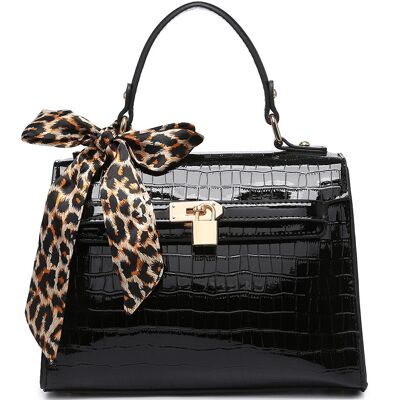 Croc-embossed PU leather cross-body bag  Padlock Detailed Shoulder Bag with Adjustable Strap - A36582-4m black