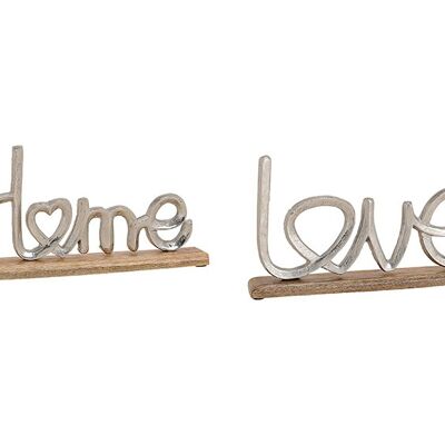 Aufsteller Schriftzug Home, Love aus Metall auf Mangoholz, Silber, braun, 2-fach,  (B/H/T) 32x17x5cm