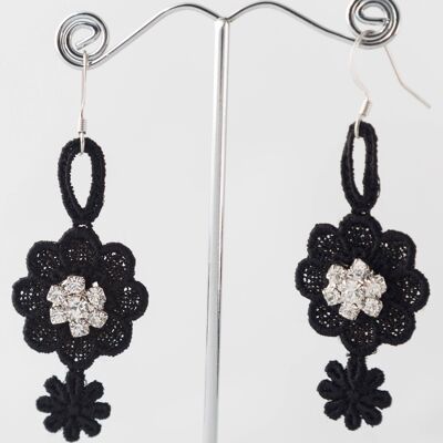 Black macramé earrings with crystal flower