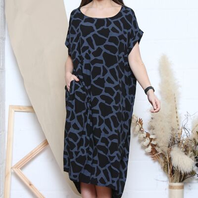 Robe midi noire manches courtes imprimé croco