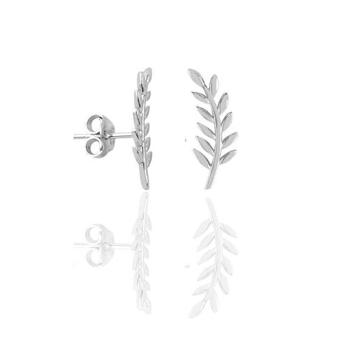 Long Leaves Sterling Silver Stud Earring - Silver