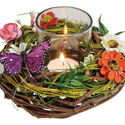 Windlicht Gesteck, Kranz mit Schmetterling, Blumen,1 er Glas,7x8x7cm  aus Holz Bunt (B/H/T) 15x10x15cm
