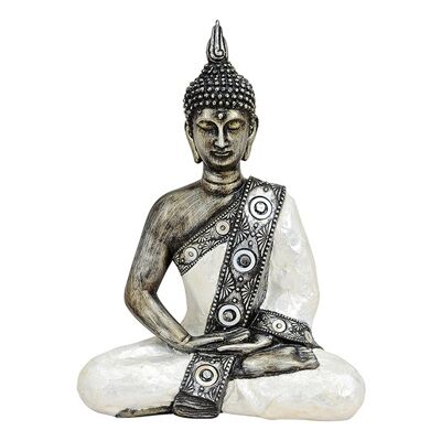 Buddha sitzend in weiß/silber aus Poly, B20 x T10 x H27 cm