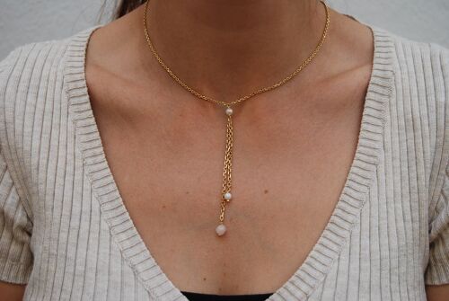 Long layered necklace, sterling silver necklace with pearls and rose quartz.