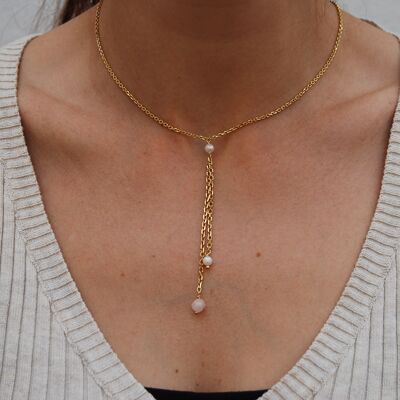 Long layered necklace, sterling silver necklace with pearls and rose quartz.