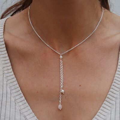 Halskette aus Sterlingsilber mit Perlen und Rosenquarz