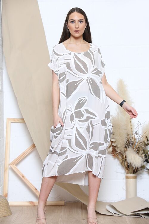 Beige tropical print short sleeve dress