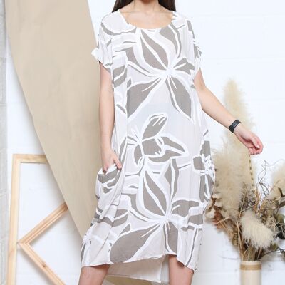 Beige tropical print short sleeve dress