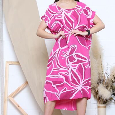 Fuchsia tropical print short sleeve dress