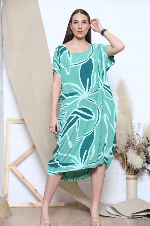Green tropical print short sleeve dress