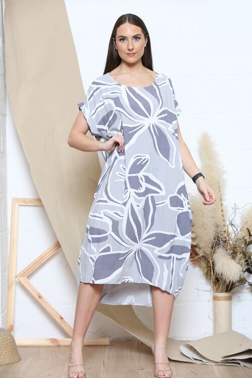 Grey tropical print short sleeve dress