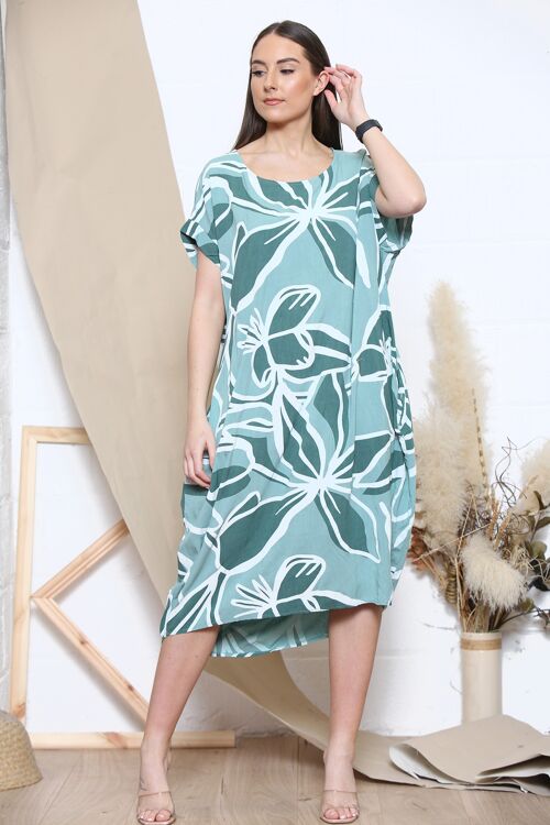Lake Green tropical print short sleeve dress
