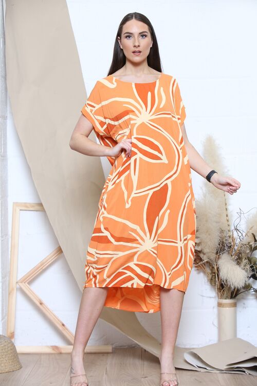 Orange tropical print short sleeve dress