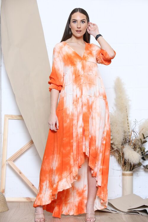 Orange tie dye ruffled maxi dress