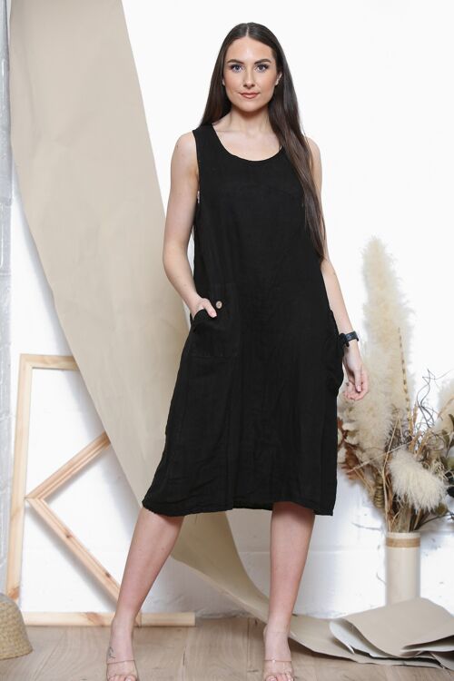 Black linen midi dress with pockets