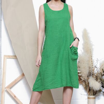 Green linen midi dress with pockets
