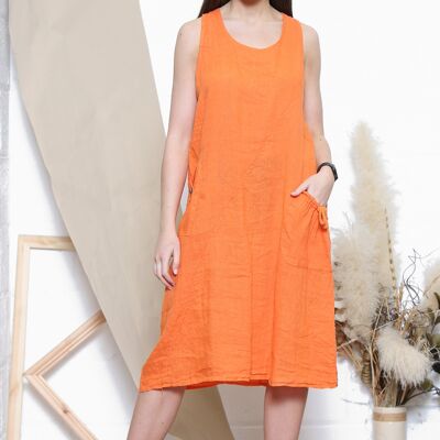 Orange linen midi dress with pockets