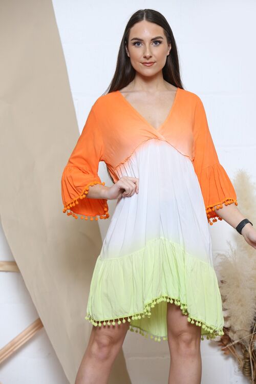 Orange pom-pom trim summer dress