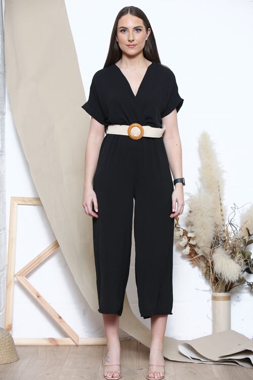 Black V neck jumpsuit with belt