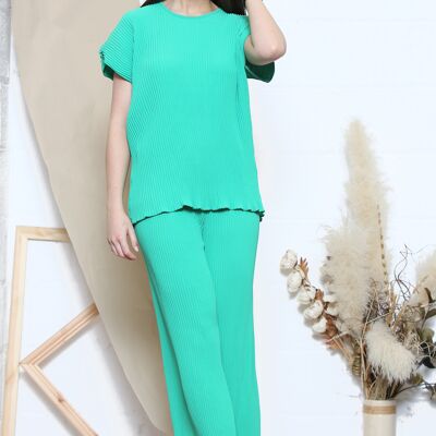 Green pleated wide leg co-ord