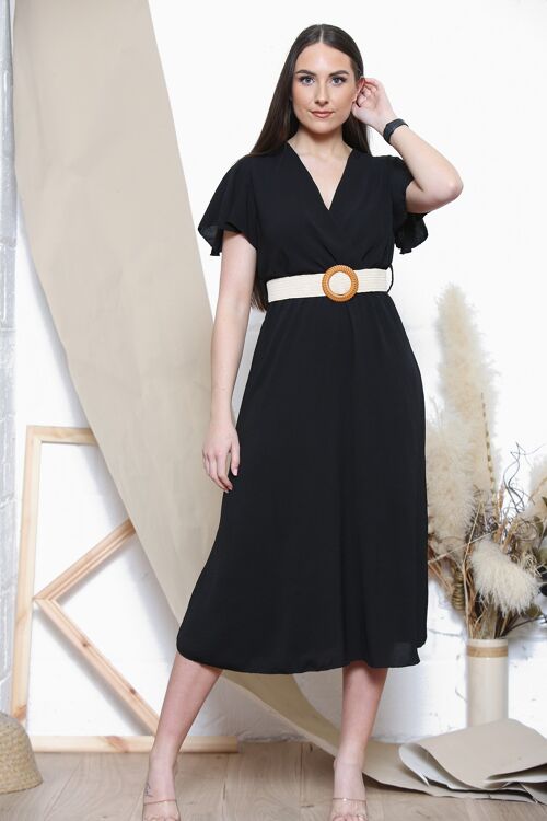 Black midi dress with stylish belt
