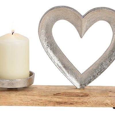 Kerzenhalter Herz aus Metall, Mangoholz Silber (B/H/T) 24x18x8cm