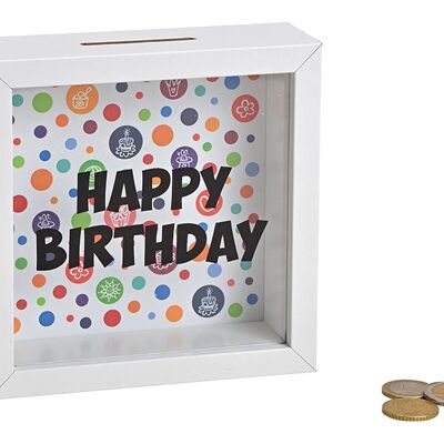 Spardose Happy Birthday aus Holz, Glas Weiß (B/H/T) 15x15x5cm