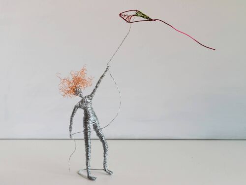 Curly Hair Woman Figure with Kite, Woman Wire Sculpture