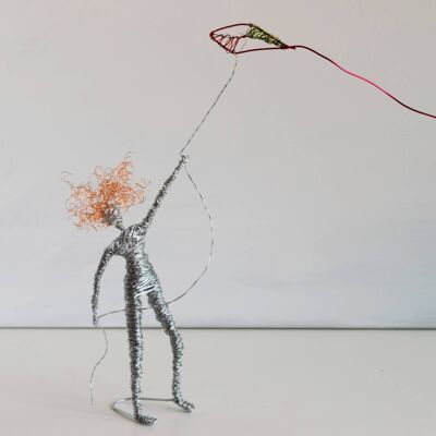 Curly Hair Woman Figure with Kite, Woman Wire Sculpture