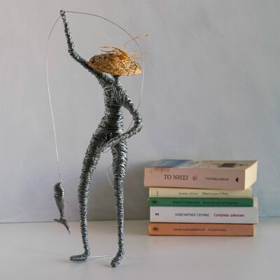 Fisherman Sculpture with Jute Hat, Wire sculpture