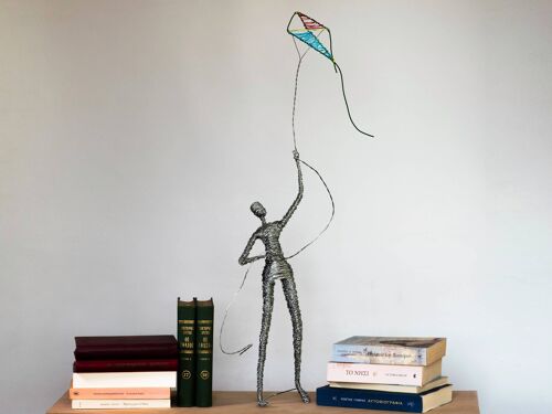 Large Wire Sculpture Man Figure with Kite, Sculpture Decor