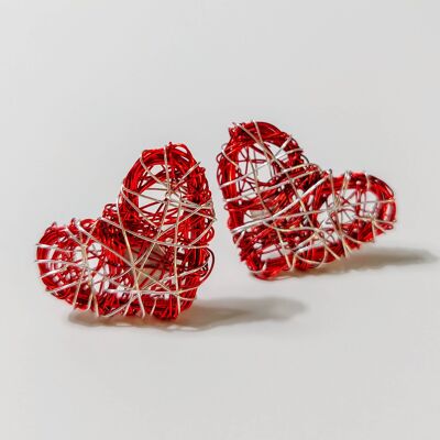 Red Heart Studs, Wire Art Sculpture Earrings, Heart Earrings Red
