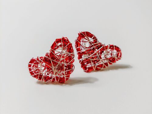 Red Heart Studs, Wire Art Sculpture Earrings, Heart Earrings Blue