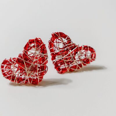 Red Heart Studs, Wire Art Sculpture Earrings, Heart Earrings Black