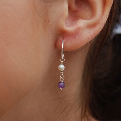 Sterling silver hoops earrings with pearls and amethyst.