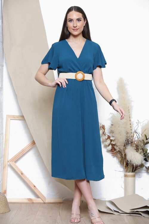 Teal midi dress with stylish belt