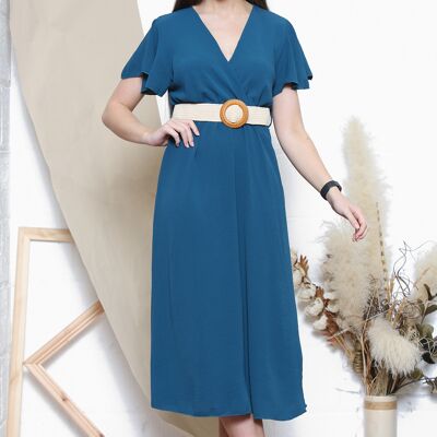 Teal midi dress with stylish belt