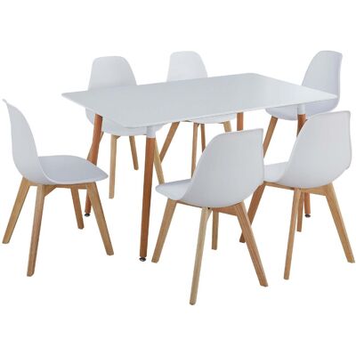 Ensemble table et 6 chaises Scandinave 16119BL Blanc - plateau Bois 140 x 80 assise ABS pieds Bois