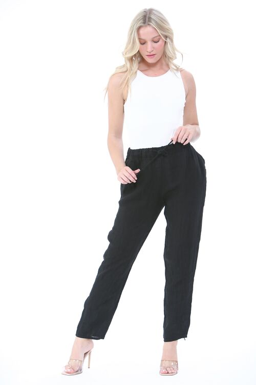 Black linen trousers with elastic waist