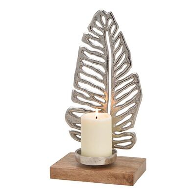 Kerzenhalter Tropical Blatt aus Alu auf Mangoholz Sockel Silber (B/H/T) 18x36x13cm