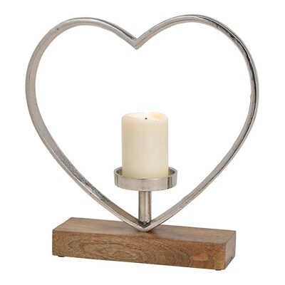 Kerzenhalter Herz aus Alu auf Mangoholz Sockel Silber (B/H/T) 34x35x8cm