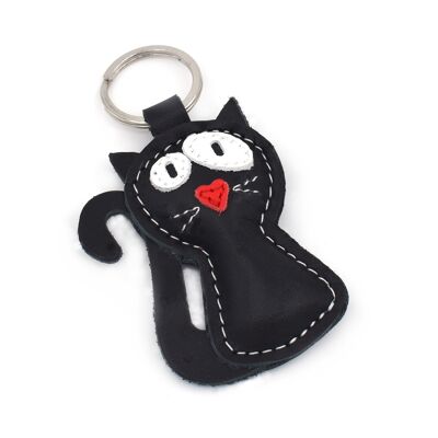 Porte-clés animal en cuir de chat noir fait à la main