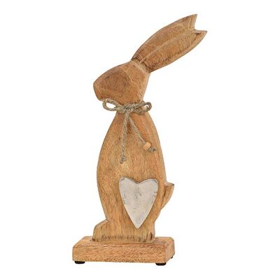 Aufsteller Hase mit Metall Herz aus Mangoholz Braun (B/H/T) 16x28x6cm