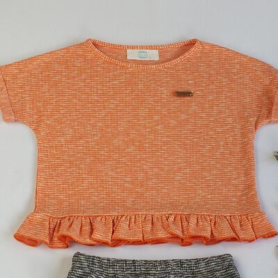 MANDARINA: Jacquard knit t-shirt with orange squares.